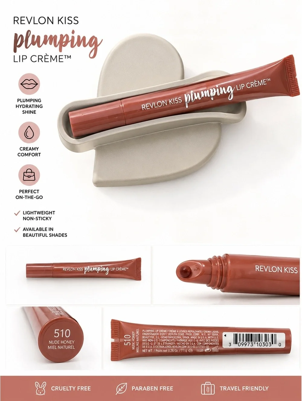 Revlon Kiss Plumping Lip Crème 510 Nude Honey w/ Heart Phone Lip Holder New